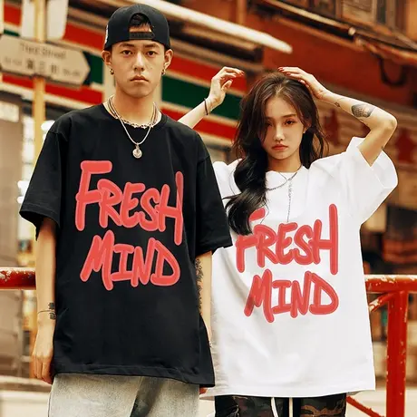 字母情侣短袖2023新款情侣款t恤一男一女宽松情侣装夏装大码半袖图片