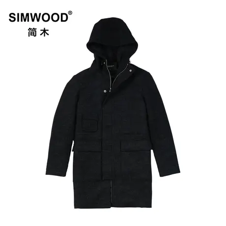 Simwood简木男装男士秋季新款连帽中长款休闲羊毛呢子大衣外套男商品大图