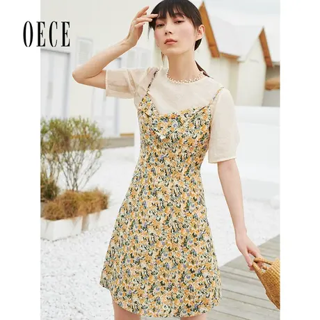 Oece夏装新款女装 小碎花连衣裙气质女神范复古收腰吊带裙图片