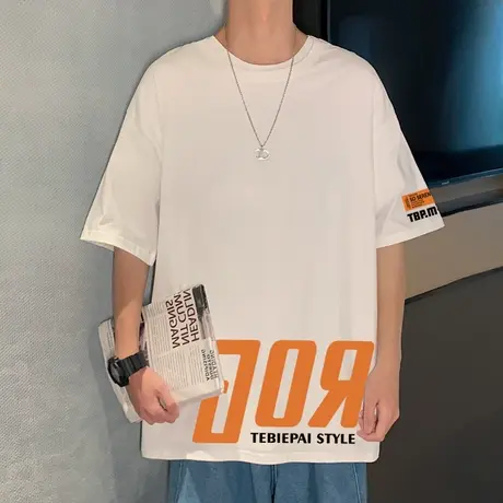 纯棉宽松短袖t恤男2024新款美式字母潮牌宽松半袖夏季圆领体恤衫图片