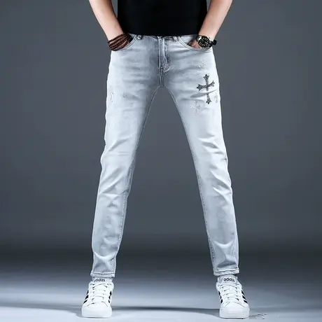 2024春季男士牛仔裤子浅灰色时尚修身烫钻印花小脚裤男潮牌百搭裤商品大图