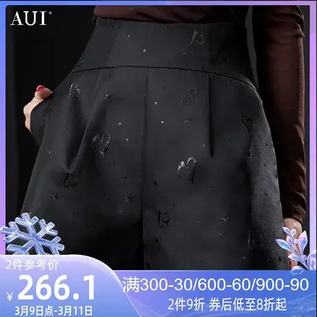 AUI高腰阔腿休闲百搭短裤女2022秋冬新款黑色设计感小众打底裤子商品大图