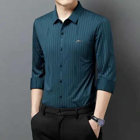 春秋季新款男士长袖衬衫休闲格子高档无痕免烫高级感职业衬衣男装商品大图