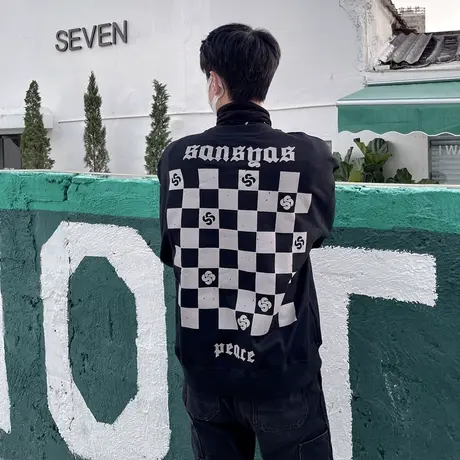 木村三社圆领套头无帽卫衣男棋盘格ins潮牌纯棉长袖上衣情侣款T恤商品大图