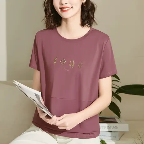 纯棉短袖t恤女2023年新款创意时尚刺绣上衣中年妈妈修身显瘦体恤商品大图