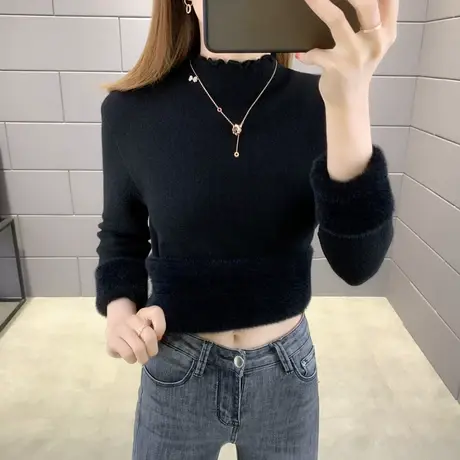 仿水貂绒半高领冬季新款内搭一体绒毛衣女保暖针织加绒加厚打底衫图片