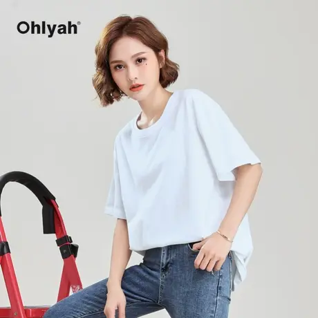 ohlyah品牌 宽松纯棉t恤女打底衫慵懒风圆领白色休闲百搭纯色上衣商品大图