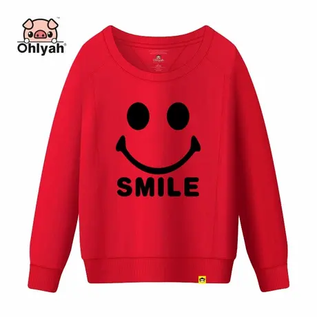 Ohlyah笑脸卫衣情侣装男女套头圆领长袖红色学生团队工作班服定制商品大图