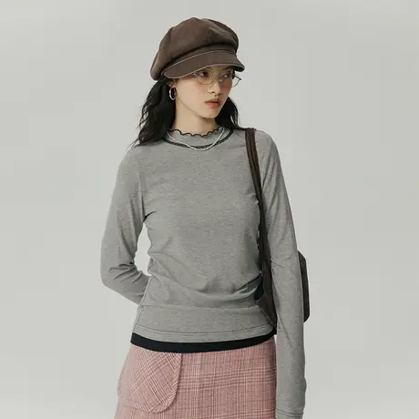 omont蛋挞家 撞色长袖T恤女秋冬2022新款宽松内搭打底衫针织上衣商品大图