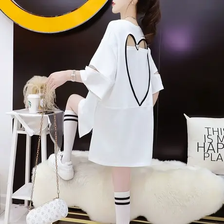 设计感短袖T恤女中长款2023新款夏季洋气减龄宽松小心机露背上衣商品大图