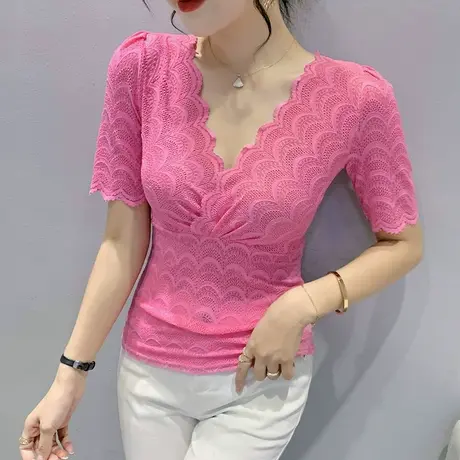 性感蕾丝短袖女欧货2023夏季新款时尚V领气质上衣紧身百搭雷丝T恤图片