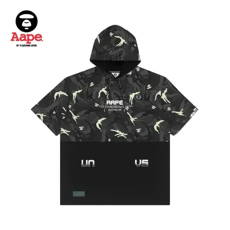 Aape男装撞色字母印花猿颜迷彩拼接连帽宽松短袖T恤0793XXH商品大图