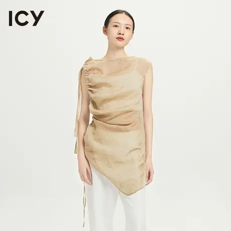 icy2023春季新款简约纯色透视不对称绑带抽褶无袖背心上衣女图片