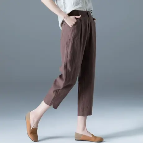 冰丝亚麻七分裤女夏季薄款棉麻女裤咖啡色裤子休闲八分哈伦萝卜裤图片