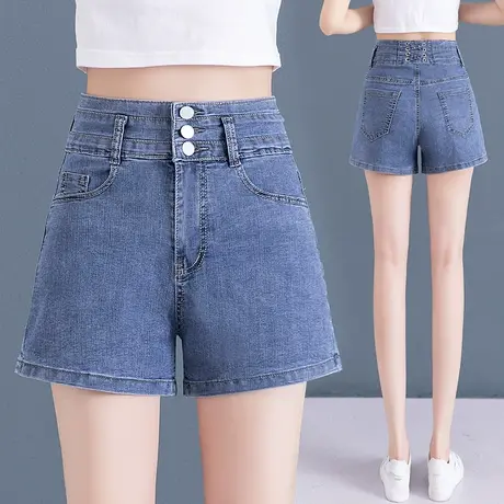 高腰牛仔短裤女夏季2023韩版百搭修身热裤时尚大码排扣A字阔腿裤图片