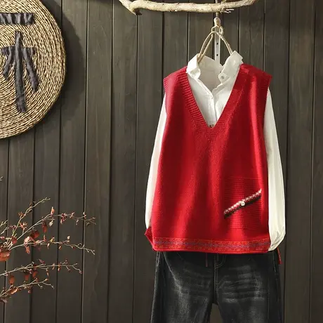 枫谜秋冬新款文艺简约纯色针织马夹背心女宽松打底V领针织衫毛衣商品大图