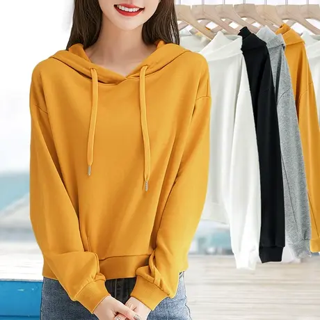 黄色短款连带帽子卫衣女春秋小个子中年妈妈修身精梳棉素版打底衫商品大图