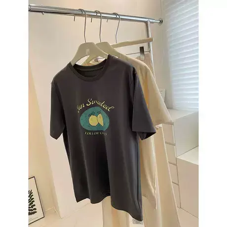 高ji莫灰色柠檬印花短袖tee女！夏百搭显瘦圆领休闲上衣冰爽棉T恤商品大图
