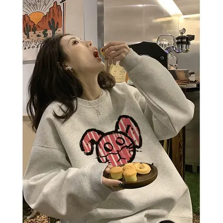 设计感圆领卫衣女2023新款春秋季薄款ins潮牌宽松大码早春上衣服图片