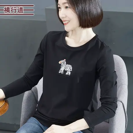 2023冬季新款黑色莫代尔棉圆领打底衫宽松妈妈长袖T恤女大码上衣商品大图