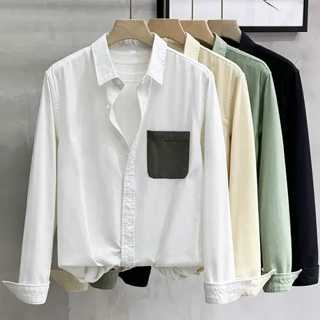 2023春秋季洗水纯棉长袖衬衫男衬衣男士休闲基础百搭青年口袋寸衫商品大图
