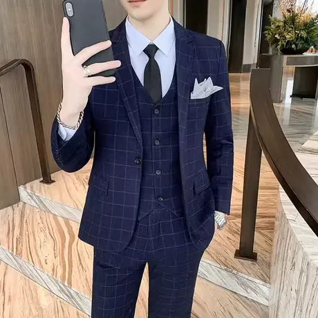 男西服套装修身潮流格子新郎结婚礼服韩版西装商务正装西装两件套图片