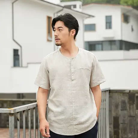 萨法瑞亚麻短袖男t恤宽松圆领男装上衣男士棉麻白衬衫半袖衬衣潮商品大图