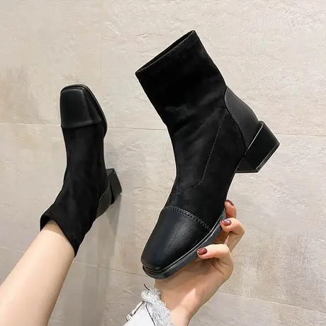 2023年冬季新款高跟方头弹力瘦瘦靴女粗跟拼接绒面百搭气质短筒靴商品大图