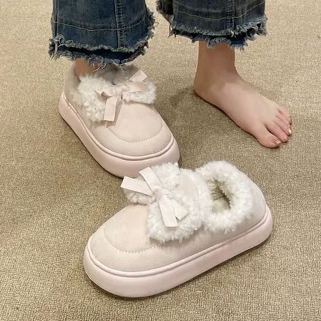 包跟棉鞋女士冬季新款可爱蝴蝶结加绒保暖室内外穿防滑厚底棉拖鞋商品大图