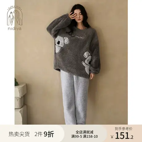 妮狄娅新品睡衣女冬季珊瑚绒保暖加厚套头大码长款可爱家居服套装商品大图