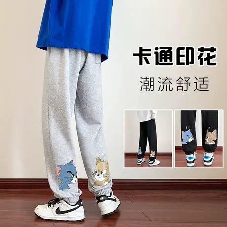 潮牌美式卡通印花宽松运动卫裤男春秋季青少年男生休闲束脚长裤子商品大图