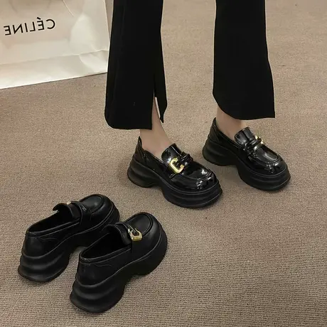 黑色松糕厚底乐福小皮鞋女2024春季新款英伦风复古增高一脚蹬单鞋图片
