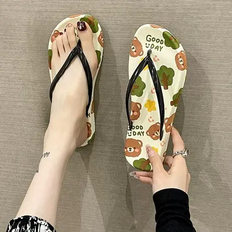 人字拖女夏季外穿ins潮卡通可爱小熊印花软底防滑夹脚沙滩凉拖鞋商品大图