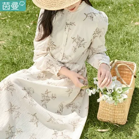 茵曼官方旗舰店法式气质连衣裙女2023年秋季新款长袖衬衫碎花裙子商品大图