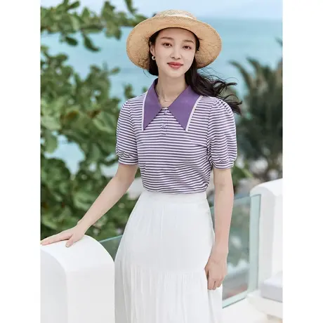 茵曼清新休闲Polo衫2023夏女装新款Polo领泡泡袖小花纽扣条纹上衣商品大图