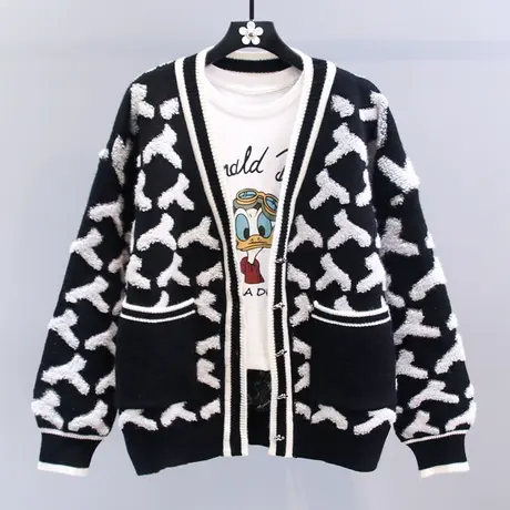 撞色植绒提花毛衣外套女秋冬2023新款宽松慵懒风中长款针织开衫商品大图