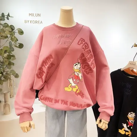 加绒卫衣秋冬款女韩国东大门重工刺绣鸭子加厚保暖卫衣外套大码商品大图