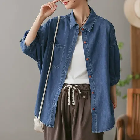 dza 复古牛仔衬衫女士2023夏季纯棉短袖衬衣宽松显瘦开衫外搭上衣商品大图