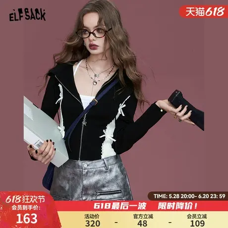 妖精的口袋蝴蝶结蕾丝针织开衫外套女25年春新款黑白撞色甜美上衣商品大图