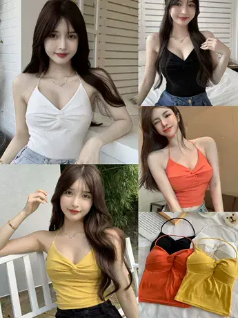 港味挂脖交叉吊带背心女泰式小众黄色美背设计感修身短款无袖上衣图片