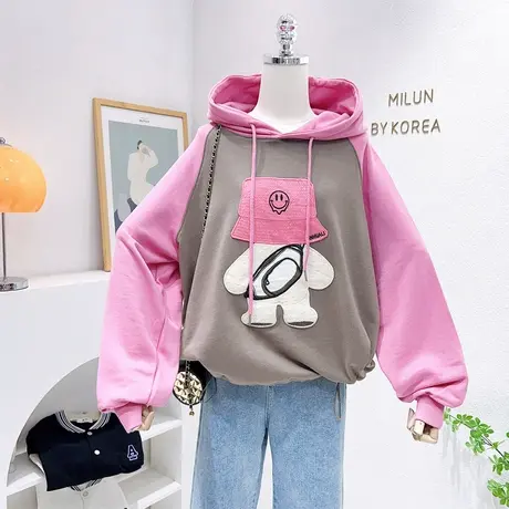 洋气设计感时髦上衣2023春季新款韩国东大门刺绣小熊拼色卫衣欧货商品大图