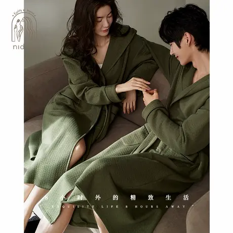 妮狄娅睡衣女加厚纯棉夹层简约连帽睡袍男时尚保暖秋冬浴袍家居服商品大图