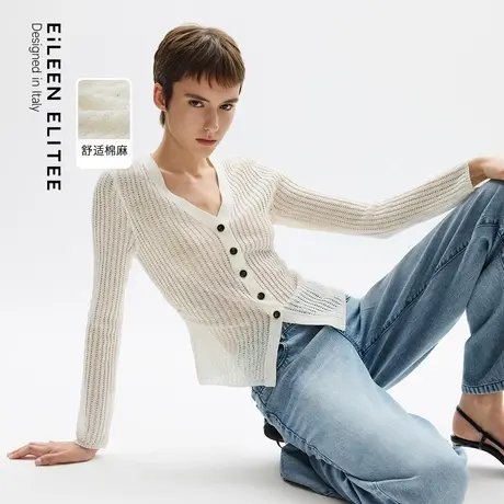 朗姿欧洲EiLEEN ELITEE褶皱修身亚麻镂空针织开衫2025年夏季新款商品大图