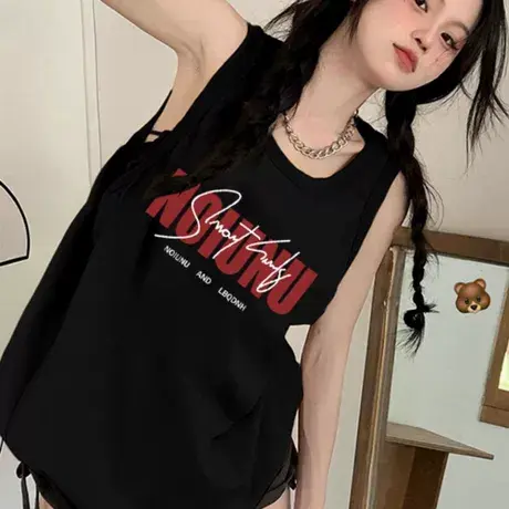 纯棉辣妹吊带运动坎肩背心无袖t恤女夏外穿高级感宽松慵懒风上衣图片