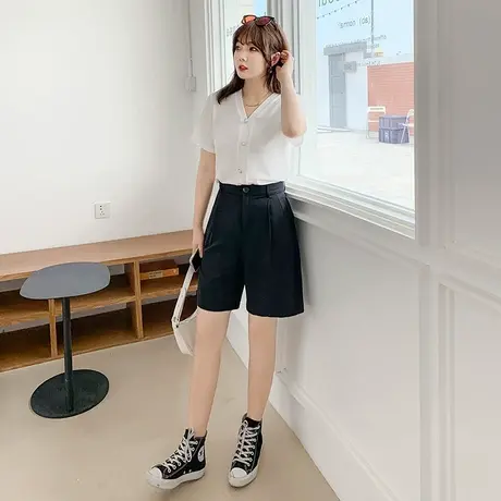 显瘦大码胖妹妹短裤女2023夏季新款宽松百搭直筒胖MM五分裤黑色图片