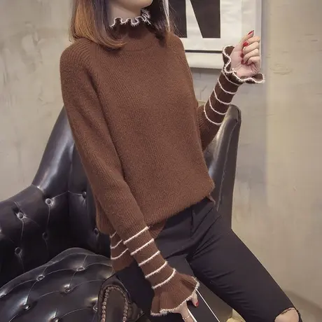 2023秋冬新款半高木耳领毛衣女套头宽松短款荷叶边长袖针织打底衫商品大图