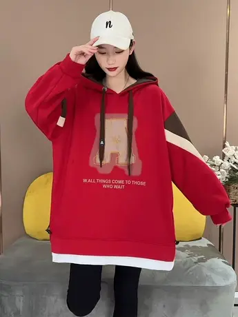 2023春秋新款卫衣拼色重叠A字母连帽时尚百搭韩版宽松假两件上衣商品大图