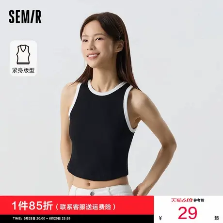 森马背心女短款撞色叠穿小个子2024夏季新款圆领紧身针织上衣黑色图片