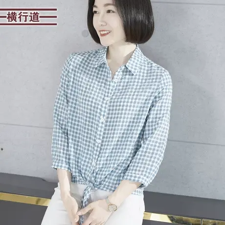 翻领宽松格子中袖衬衫小外套外搭韩版女装防晒衫2023秋装新款衬衣商品大图