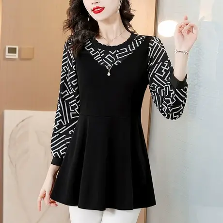 中长款衬衣2023秋季新款收腰裙摆遮肚圆领长袖打底衫洋气法式上衣图片